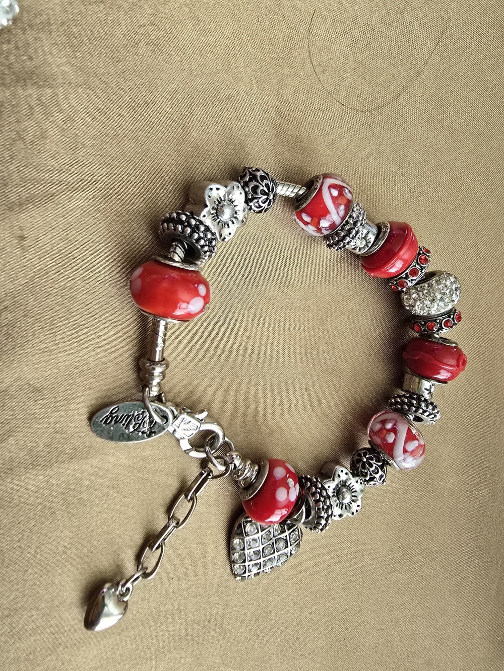 Bling Jewelry Red Glass Bead Charm Bracelet with Heart Pendant